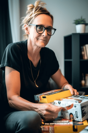 A white woman in her 40s, sitting comfortably on her couch with a laptop on her lap. She is browsing the sprint-rowery.pl website, adding items to her cart and selecting the preferred delivery options. In the background, a package labeled 'Sprint-Rowery.Pl' is being delivered to her doorstep by a delivery person.